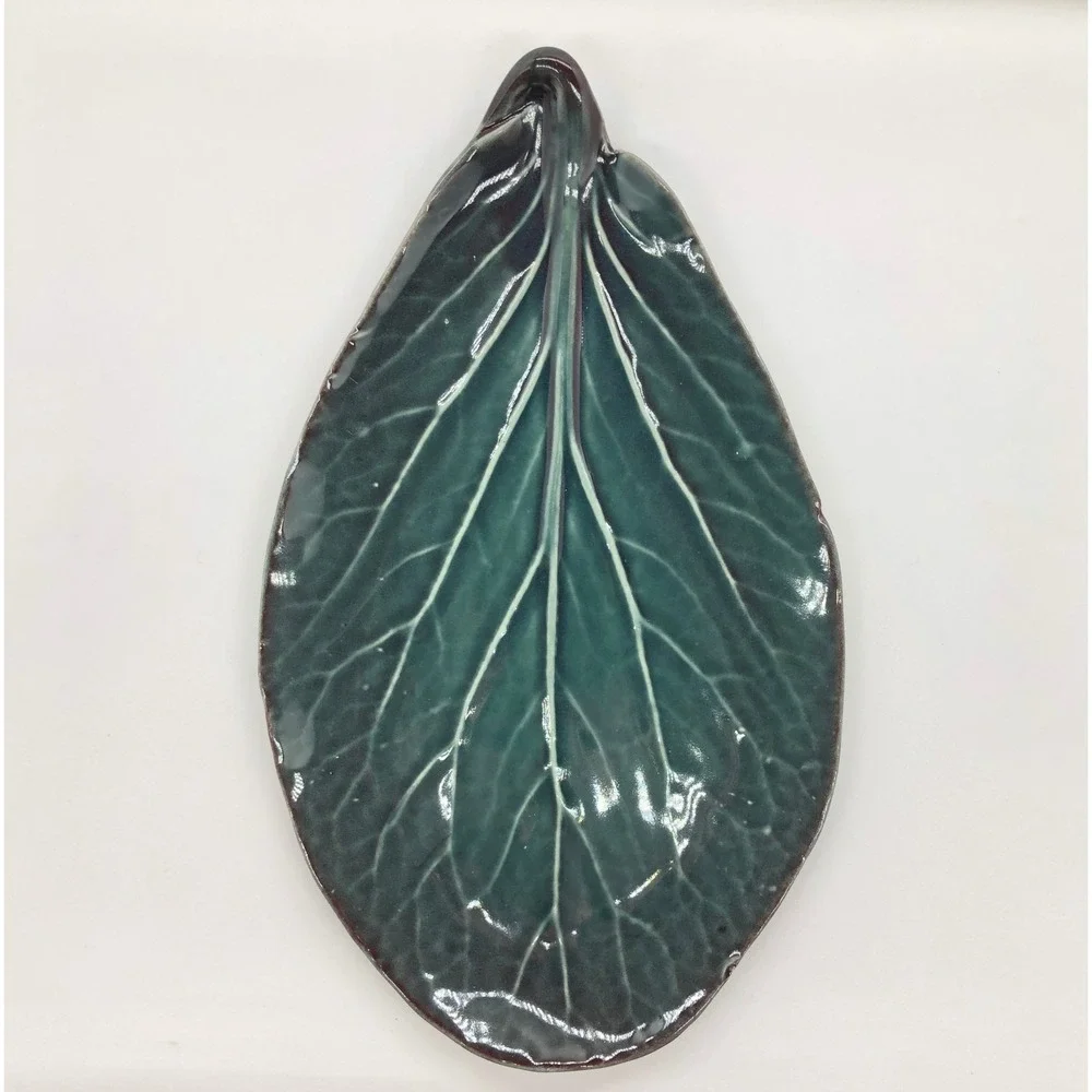 Dark Green Glazed Ceramic‎ Leaf Trinket Dish Botanical Decorative Platter 9 Inch